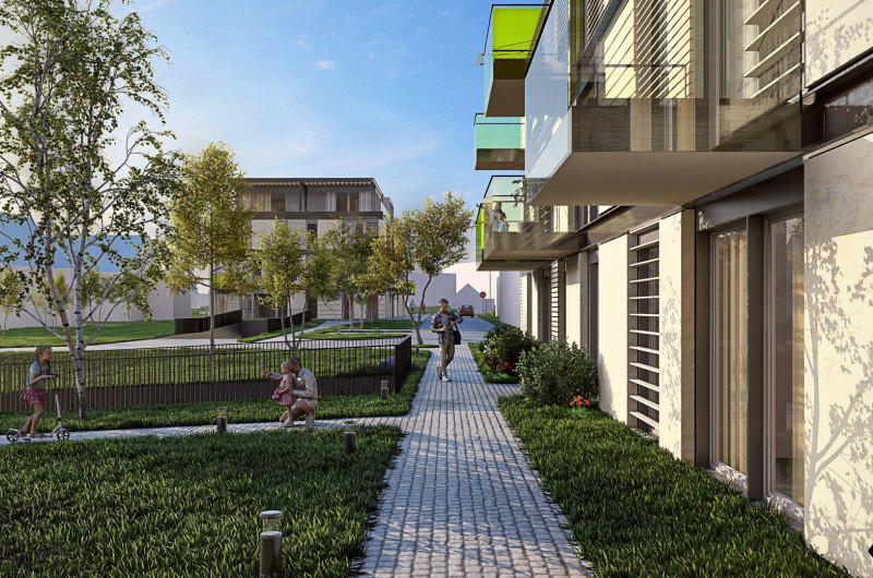 widok na wnętrze osiedla z wysokości pieszego