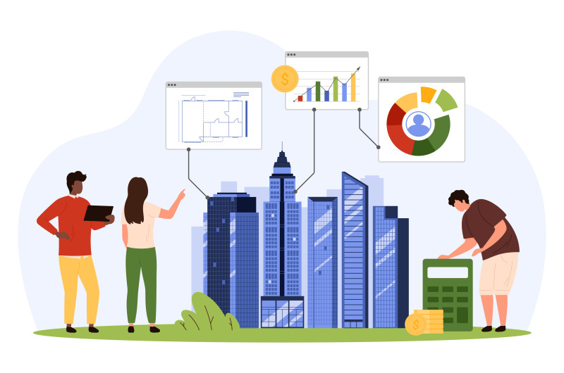 grupa ludzi dyskutuje na temat rozwoju miasta, w tle widać wysokie budynki i dane przedstawione na wykresach
